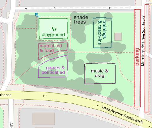 Map of the park and event areas. On the west side is the playground, mutual aid, food, games, and political education areas. On the east are the trainings, teach-ins, music, and drag areas. Street parking is highlighted on Morningside Drive to the east. Shade trees are highlighted around the park.